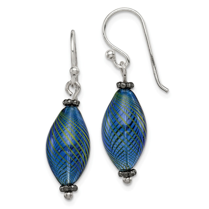 Stella Silver 925 Sterling Silver Blue Blown Glass Antiqued Shepherd Hook Earrings, 33mm x 9mm