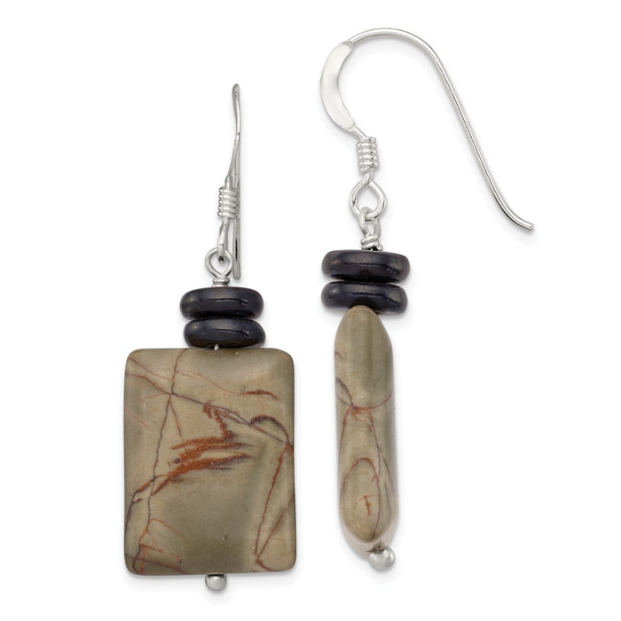 Stella Silver 925 Sterling Silver Black Mother of Pearl & Picasso Jasper Earrings, 43mm x 15mm