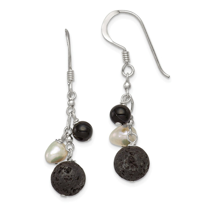 Stella Silver 925 Sterling Silver & Freshwater Cultured Pearl/Black Agate/Lava Rock Dangle Earrings, 42mm x 9mm