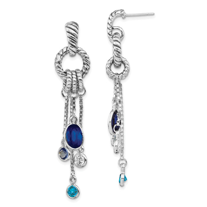 Stella Silver 925 Sterling Silver Rhodium-plated Antiqued Blue Cubic Zirconia ( CZ ) Dangle Post Earrings, 64mm x 12mm