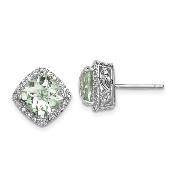 Stella Silver 925 Sterling Silver Rhodium-plated Green Quartz and Diamond Earrings, 13mm x 13mm