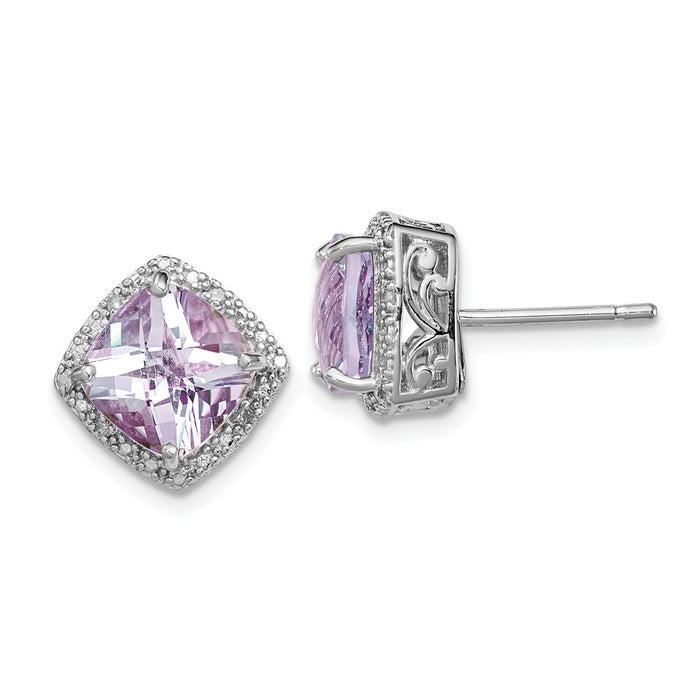 Stella Silver 925 Sterling Silver Rhodium-plated Pink Quartz and Diamond Earrings, 11mm x 11mm