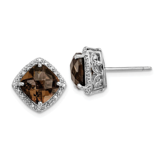 Stella Silver 925 Sterling Silver Rhodium-plated Smoky Quartz and Diamond Earrings, 13mm x 13mm