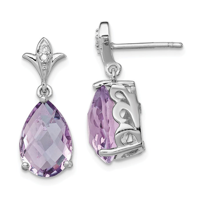 Stella Silver 925 Sterling Silver Rhodium-plated Pink Quartz and Diamond Earrings, 22mm x 9mm