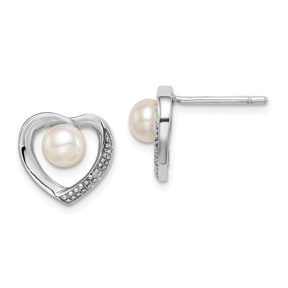 Stella Silver 925 Sterling Silver Rhod Plated Diamond & Freshwater Cultured Pearl Heart Earrings, 10mm x 10mm