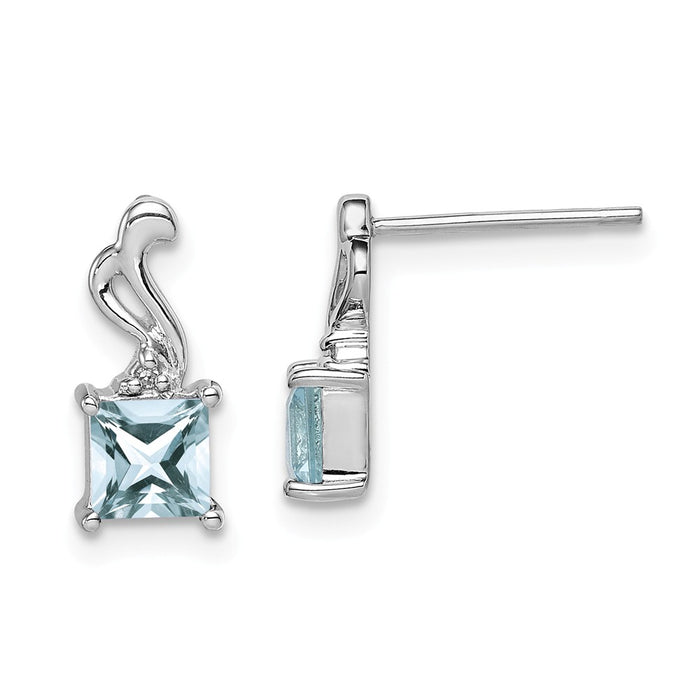 Stella Silver 925 Sterling Silver Rhodium-Plated Diamond  Aquamarine Square Post Earrings, 11mm x 4mm