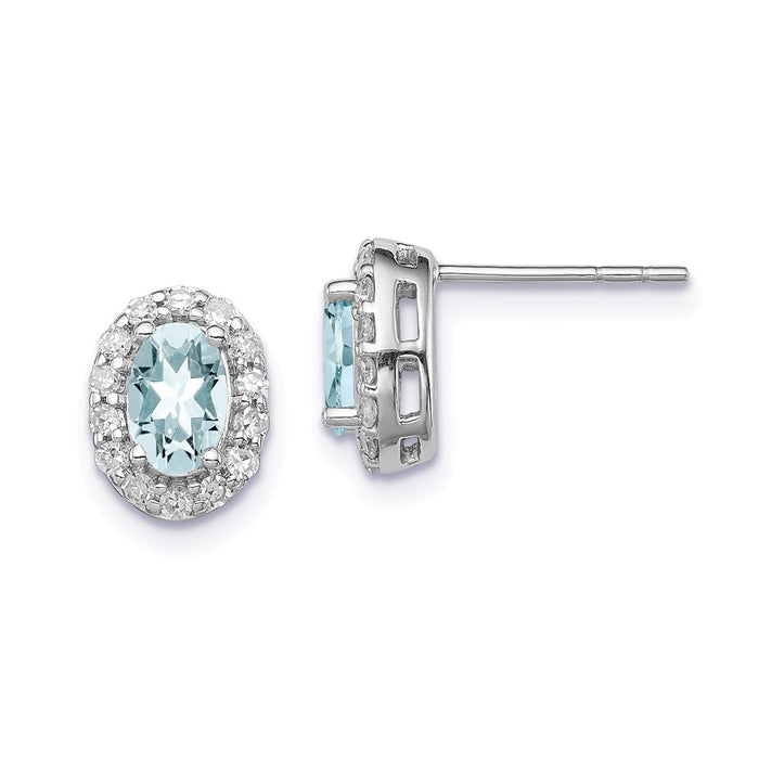 Stella Silver 925 Sterling Silver Rhodium-Plated Diamond  & Aquamarine Oval Post Earrings, 9mm x 7mm