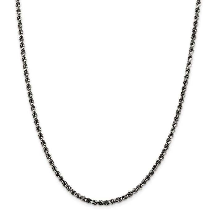 Million Charms 925 Sterling Silver Ruthenium 3mm Rope Chain, Chain Length: 30 inches