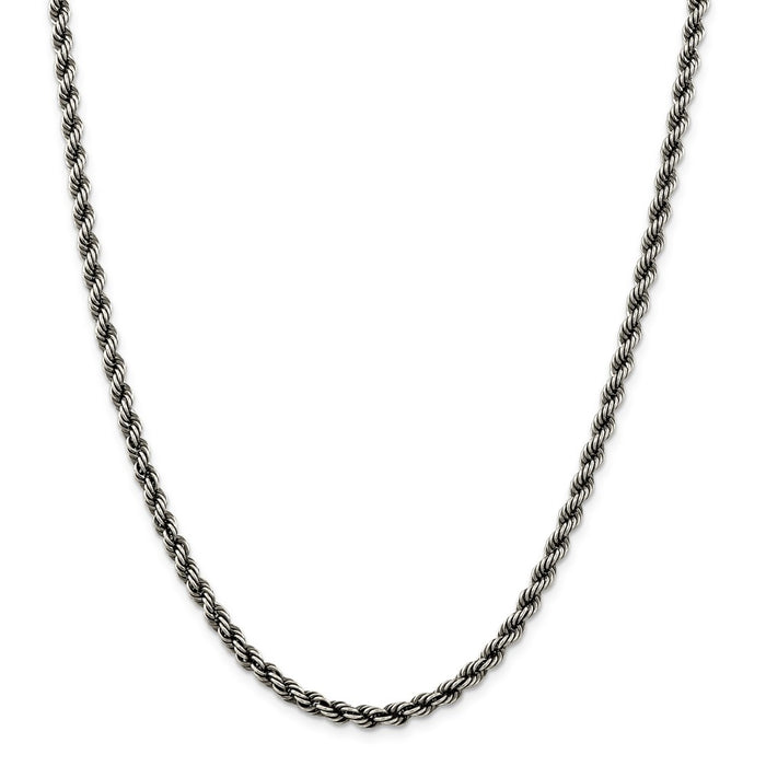 Million Charms 925 Sterling Silver Ruthenium 4mm Rope Chain, Chain Length: 18 inches