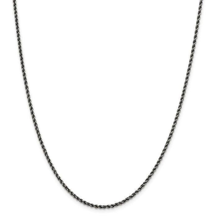 Million Charms 925 Sterling Silver Ruthenium 2.3mm Rope Chain, Chain Length: 22 inches