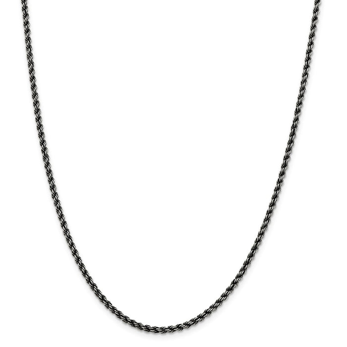 Million Charms 925 Sterling Silver Ruthenium 2.5mm Rope Chain, Chain Length: 24 inches