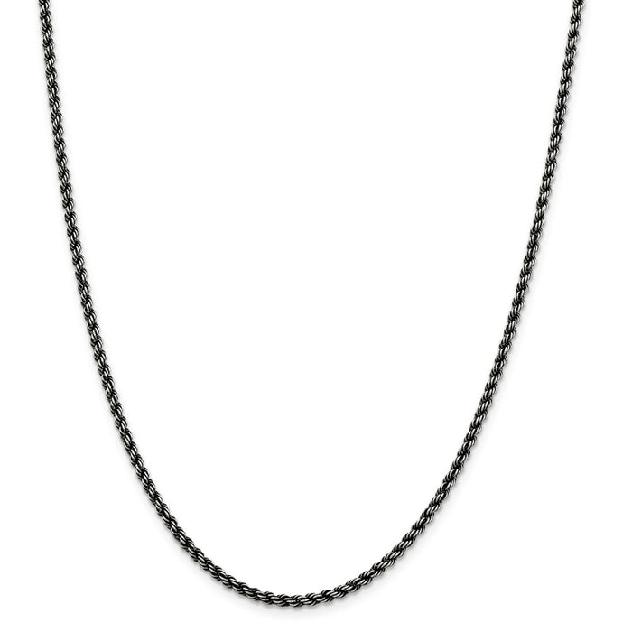 Million Charms 925 Sterling Silver Ruthenium 2.5mm Rope Chain, Chain Length: 18 inches