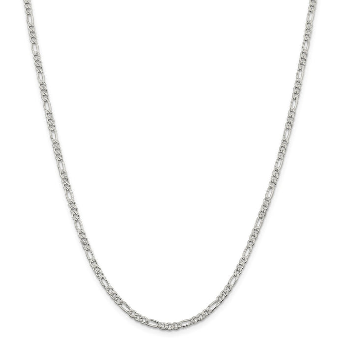 Million Charms 925 Sterling Silver 3mm Pav‚ Flat Figaro Chain, Chain Length: 24 inches