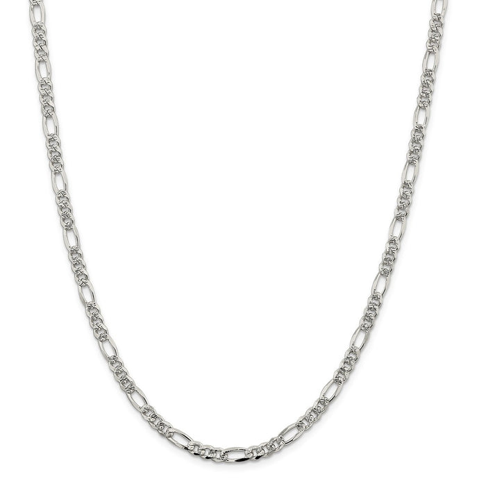 Million Charms 925 Sterling Silver 4.75mm Pav‚ Flat Figaro Chain, Chain Length: 26 inches