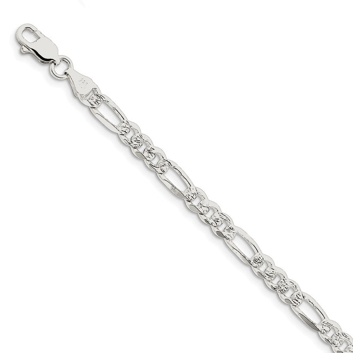 Million Charms 925 Sterling Silver 5.5mm Pav‚ Flat Figaro Chain, Chain Length: 7 inches