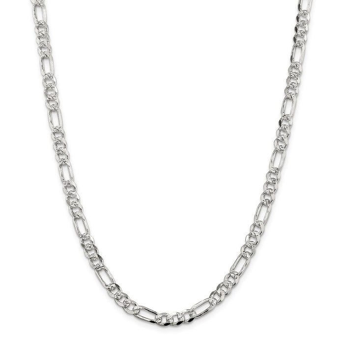 Million Charms 925 Sterling Silver 5.5mm Pav‚ Flat Figaro Chain, Chain Length: 22 inches