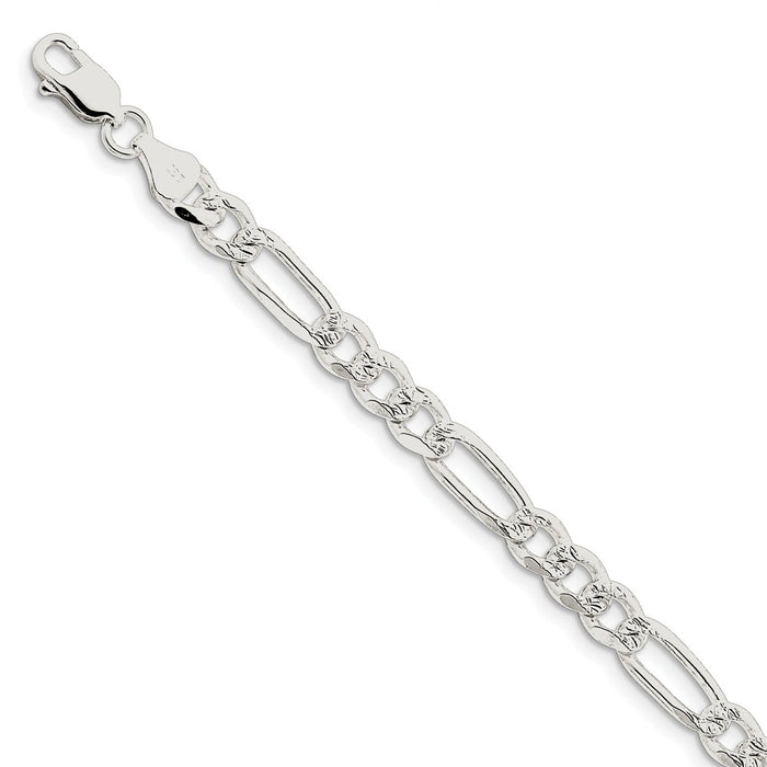 Million Charms 925 Sterling Silver 7mm Pav‚ Flat Figaro Chain, Chain Length: 7 inches