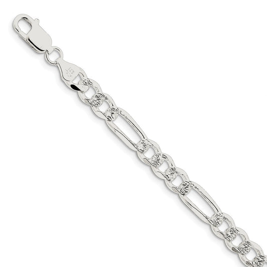 Million Charms 925 Sterling Silver 7.25mm Pav‚ Flat Figaro Chain, Chain Length: 8 inches