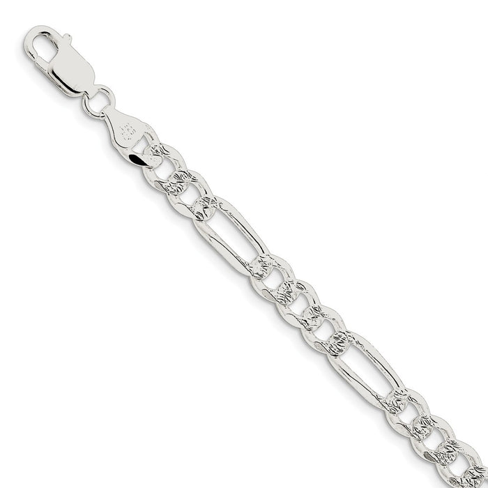 Million Charms 925 Sterling Silver 7.25mm Pav‚ Flat Figaro Chain, Chain Length: 8 inches