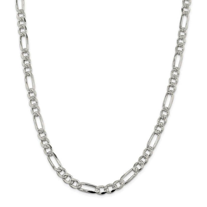 Million Charms 925 Sterling Silver 7.25mm Pav‚ Flat Figaro Chain, Chain Length: 26 inches