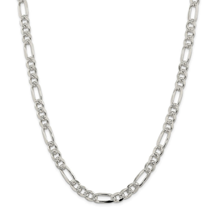 Million Charms 925 Sterling Silver 8mm Pav‚ Flat Figaro Chain, Chain Length: 22 inches