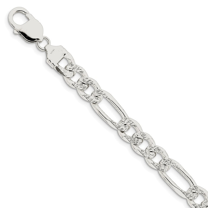 Million Charms 925 Sterling Silver 9.5mm Pav‚ Flat Figaro Chain, Chain Length: 8 inches