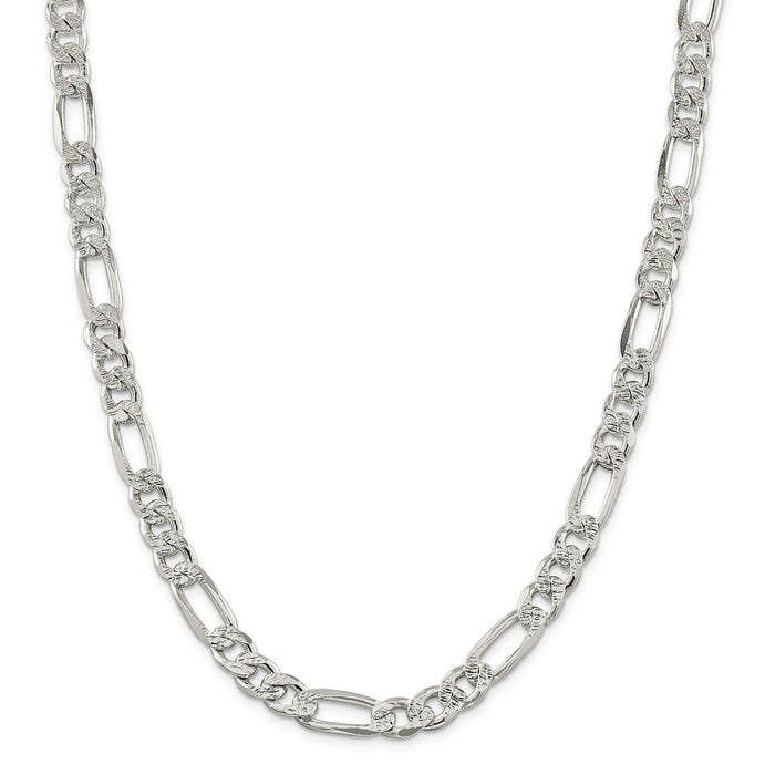 Million Charms 925 Sterling Silver 9.5mm Pav‚ Flat Figaro Chain, Chain Length: 22 inches