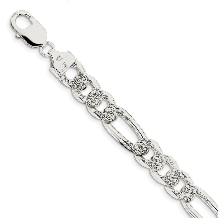 Million Charms 925 Sterling Silver 10.5mm Pav‚ Flat Figaro Chain, Chain Length: 8 inches