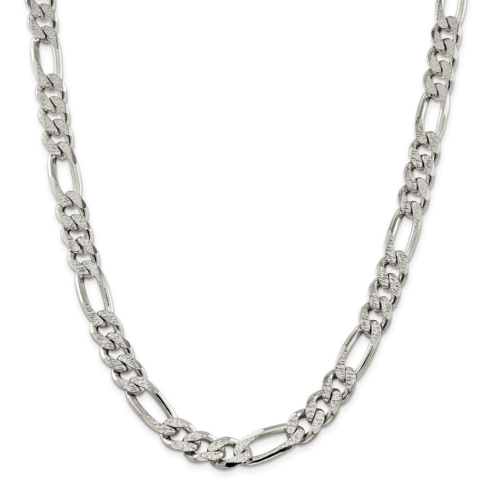 Million Charms 925 Sterling Silver 10.5mm Pav‚ Flat Figaro Chain, Chain Length: 22 inches