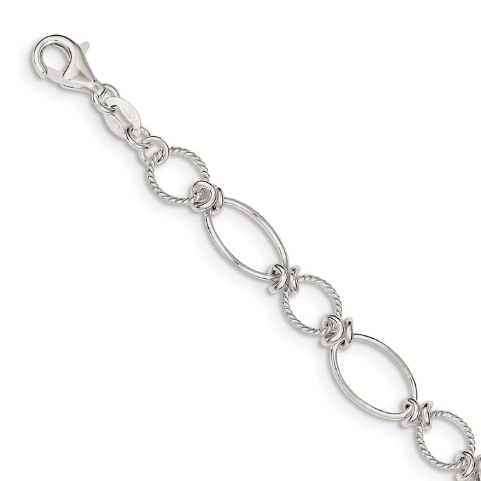 Million Charms 925 Sterling Silver Polished & Textured Fancy Circle & Oval Link Bracelet, Chain Length: 7.5 inches
