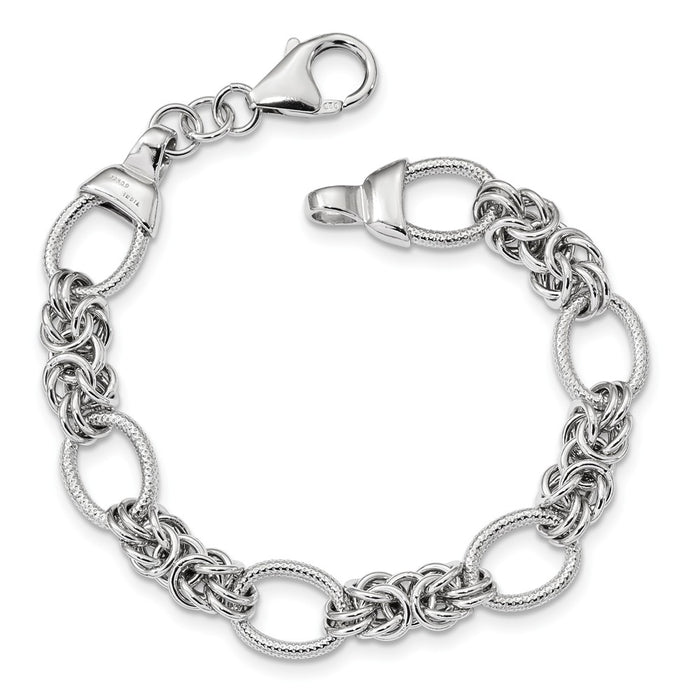 Million Charms 925 Sterling Silver Polished & Textured Rhodium-plated Fancy Link Bracelet, Chain Length: 7.5 inches