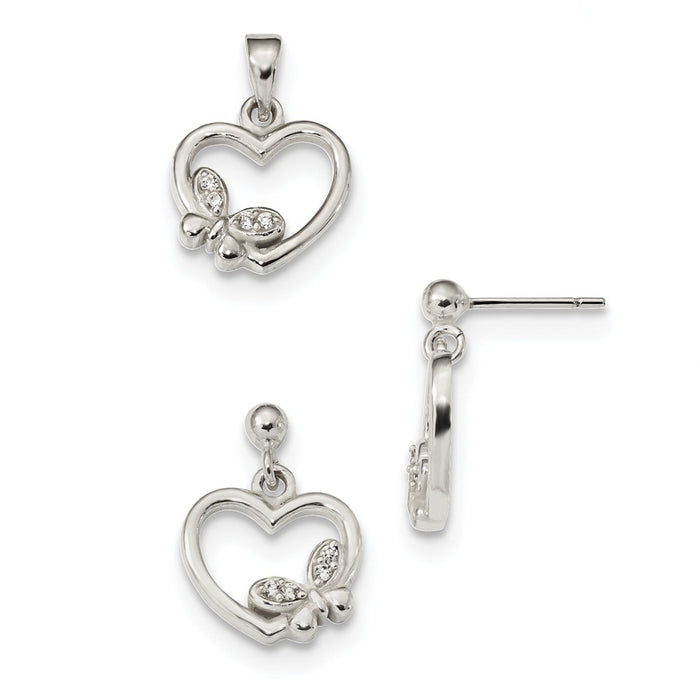 Stella Silver Jewelry Set - 925 Sterling Silver Polished Cubic Zirconia ( CZ ) Heart Butterfly Pendant & Earring Set