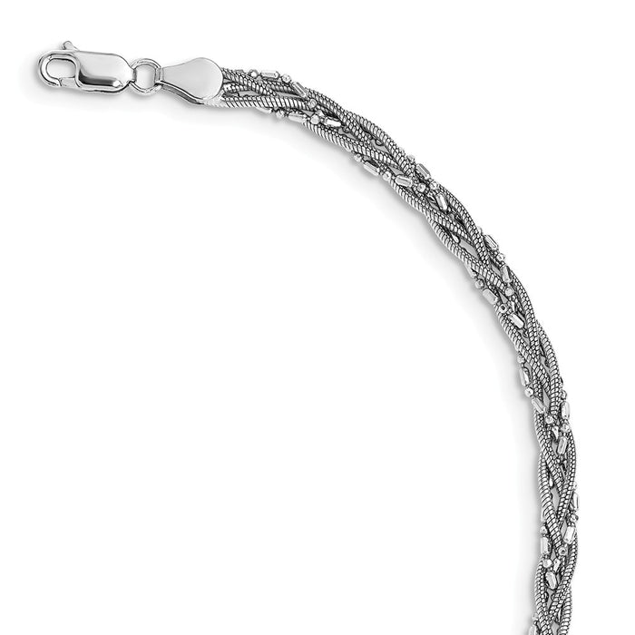 Million Charms 925 Sterling Silver Rhodium-plated Braided Beads & Snake Chain Bracelet, Chain Length: 7.5 inches