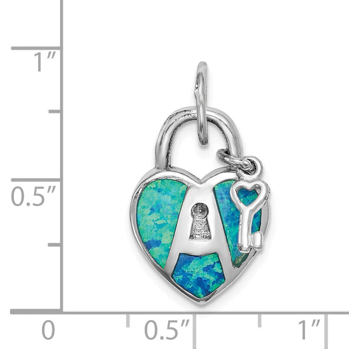 Million Charms 925 Sterling Silver Rhodium-Plated Created Opal Inlay Heart Lock, Key Pendan