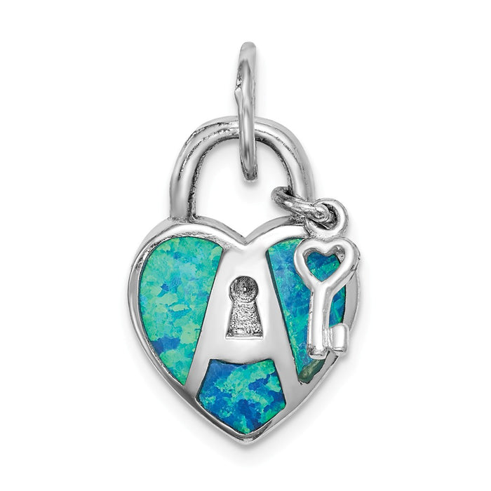 Million Charms 925 Sterling Silver Rhodium-Plated Created Opal Inlay Heart Lock, Key Pendan