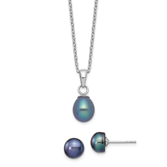 Stella Silver Jewelry Set - 925 Sterling Silver Rhodium-plated 6-7mm Black Imitation Shell Pearl Dangle Necklace Earrings Set