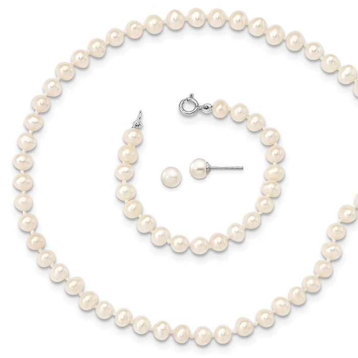 Madi K Jewelry Set - 925 Sterling Silver Madi K Rhodium-plated 4-5mm Freshwater Cultured Pearl Necklace, Bracelet 5mm Ear