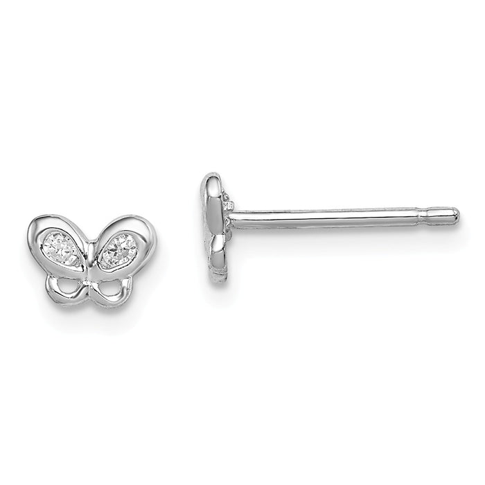 Stella Silver 925 Sterling Silver Rhodium-plated Madi K Cubic Zirconia ( CZ ) Children's Butterfly Post Earrings, 4mm x 6mm