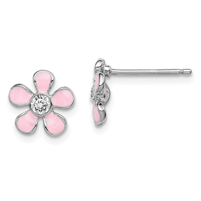 Stella Silver 925 Sterling Silver Rhodium-plated Madi K Enamel Swarovski Flower Earrings, 9mm x 9mm