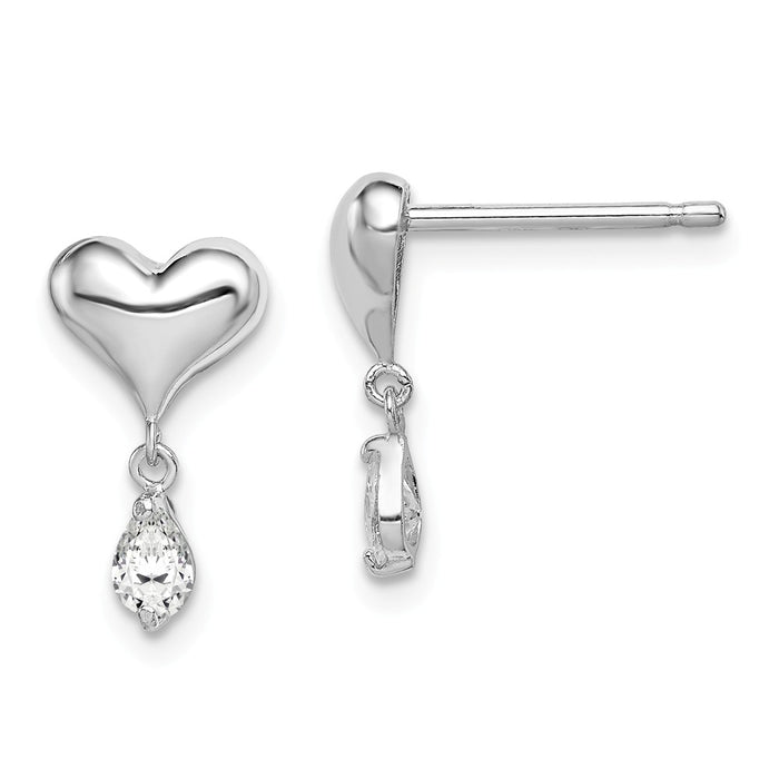 Stella Silver 925 Sterling Silver Rhodium-plated Madi K Cubic Zirconia ( CZ ) Children's Heart Dgle Post Earring, 14mm x 7mm