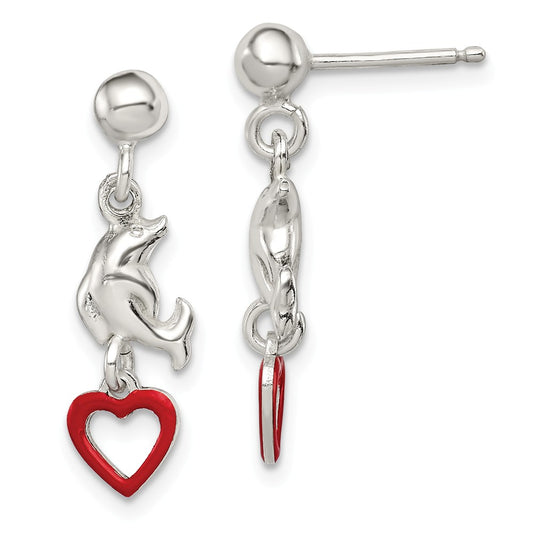 Stella Silver 925 Sterling Silver Madi K Enamel Dolphin and Heart Dangle Earrings, 24mm x 7mm