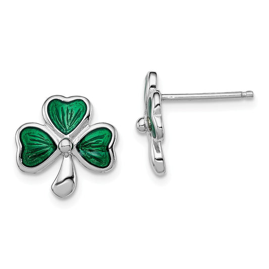 Stella Silver 925 Sterling Silver Rhodium-plated Madi K Enamel Shamrock Post Earrings, 12mm x 13mm