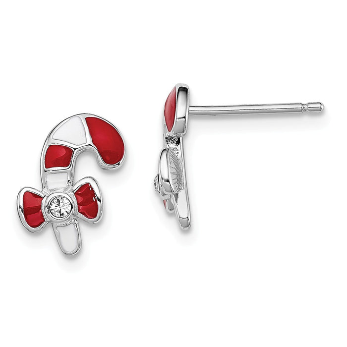 Stella Silver 925 Sterling Silver Rhodium-plated Madi K Enamel Swarovski Candy Cane Earrings, 12mm x 9mm