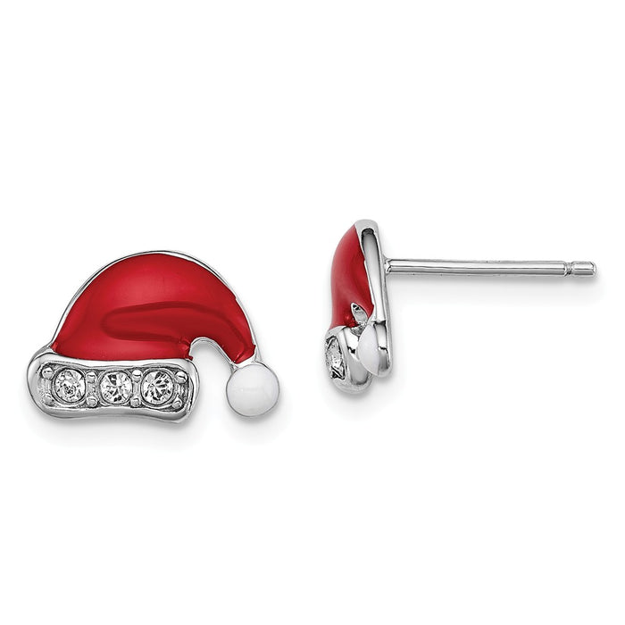 Stella Silver 925 Sterling Silver Rhodium-plated Madi K Enamel Swarovski Santa Hat Earrings, 9mm x 13mm