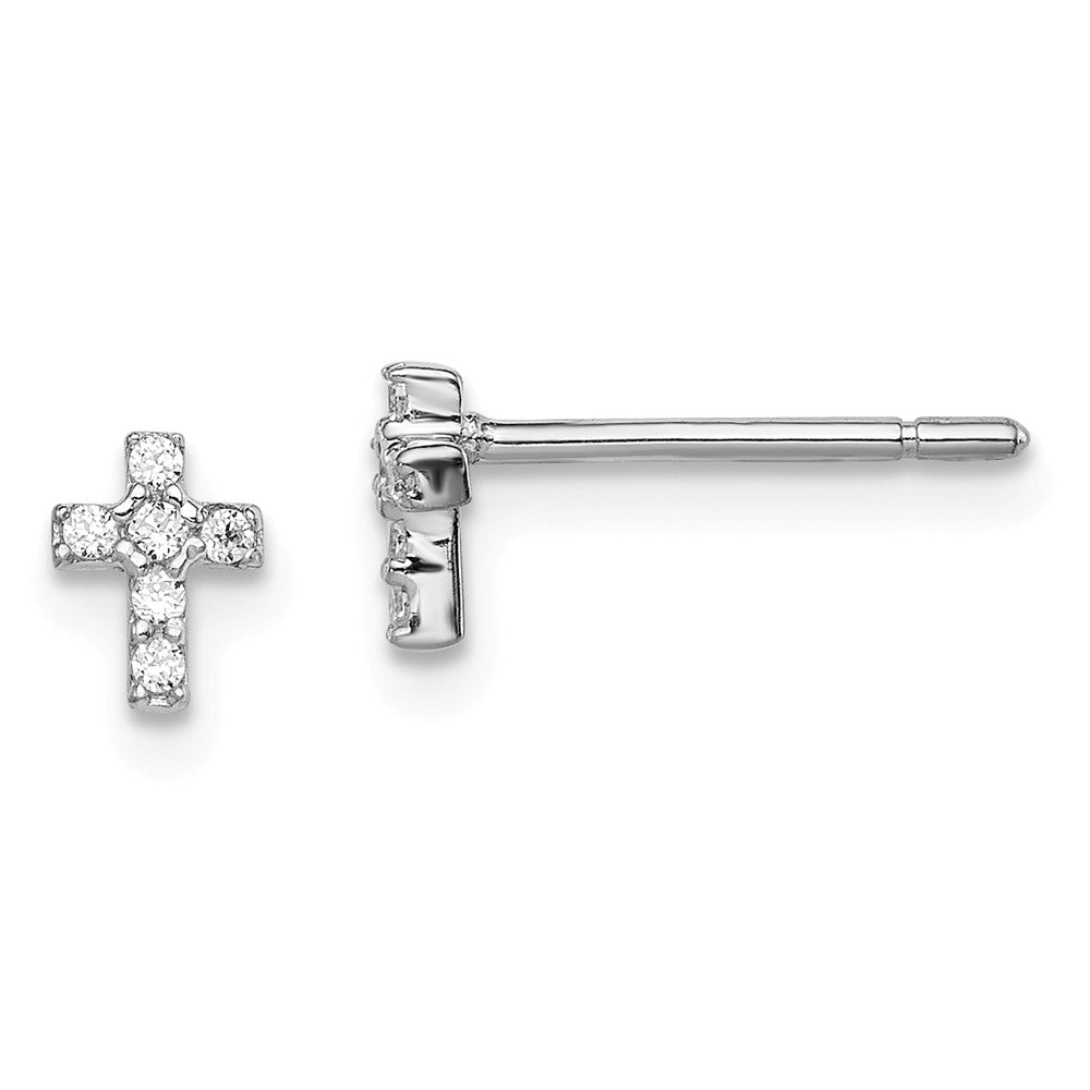 Stella Silver 925 Sterling Silver Rhodium-plated Madi K Cubic Zirconia ( CZ ) Children's Cross Post Earrings, 6mm x 4mm