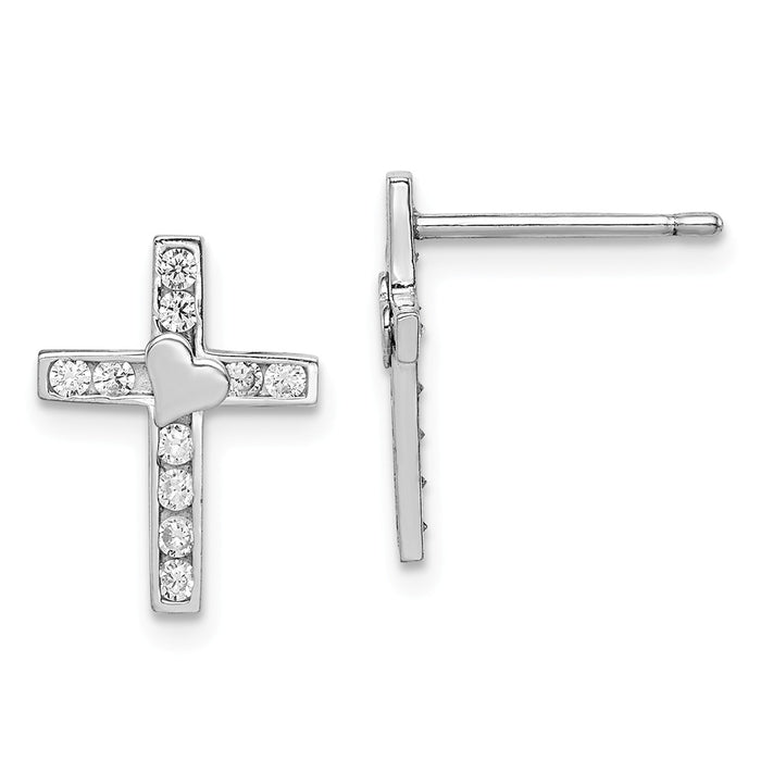 Stella Silver 925 Sterling Silver Rhodium-plated Madi K Cubic Zirconia ( CZ ) Children's Cross Heart Post Earrin, 14mm x 10mm