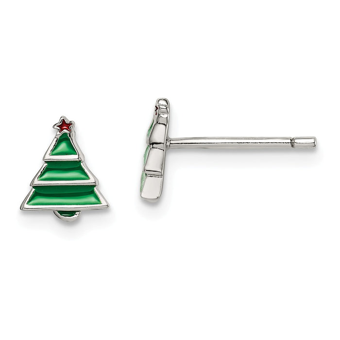 Stella Silver 925 Sterling Silver Rhodium-plated Madi K Enameled Christmas Tree Post Earrings,