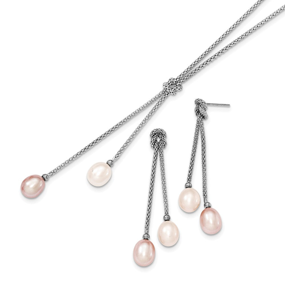 Stella Silver 925 Sterling Silver Rhodium Freshwater Cultured Pearl Knot 18 in. Necklace & Earring Set, 53mm x 8mm
