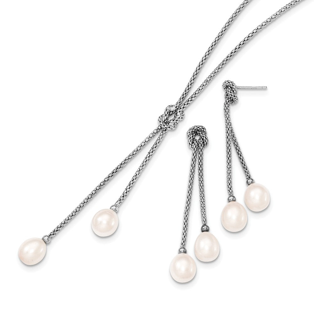 Stella Silver 925 Sterling Silver Rhodium Freshwater Cultured Pearl Knot 18 in. Necklace & Earring Set, 53mm x 8mm