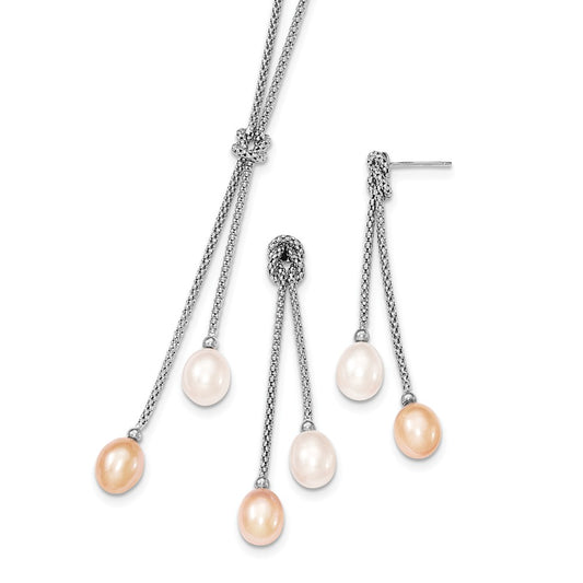 Stella Silver Jewelry Set - 925 Sterling Silver Rhodium Freshwater Cultured Pearl Knot 18in Necklace & Earring Set